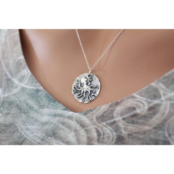 Sterling Silver Octopus Coin Charm Necklace, Octopus Ancient Coin Charm Necklace - Picture 1 of 6